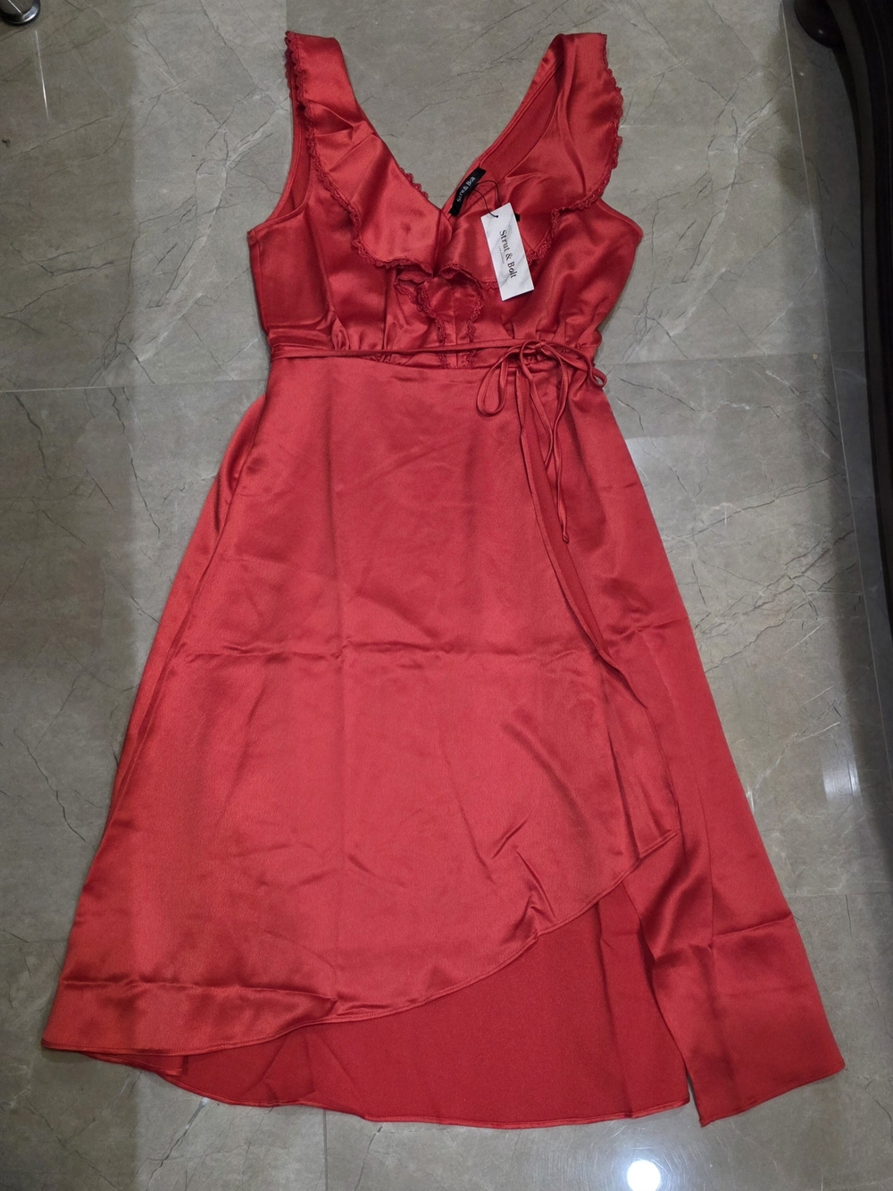 Red Satin High-Low Wrap Dress - Brand: Unknown